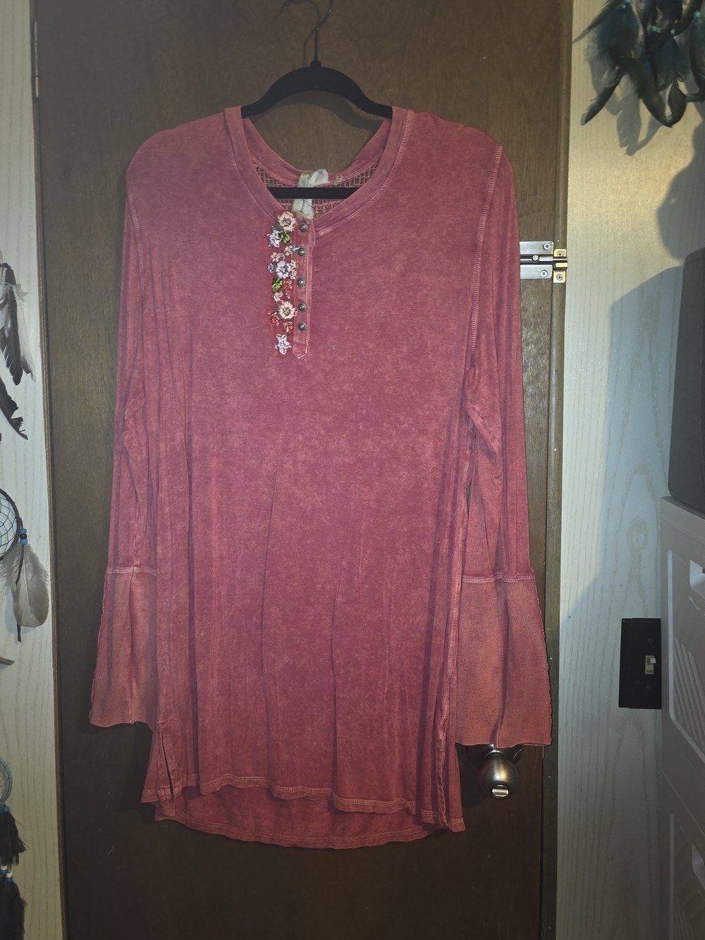 Floral-Embellished Brrick Color Tunic